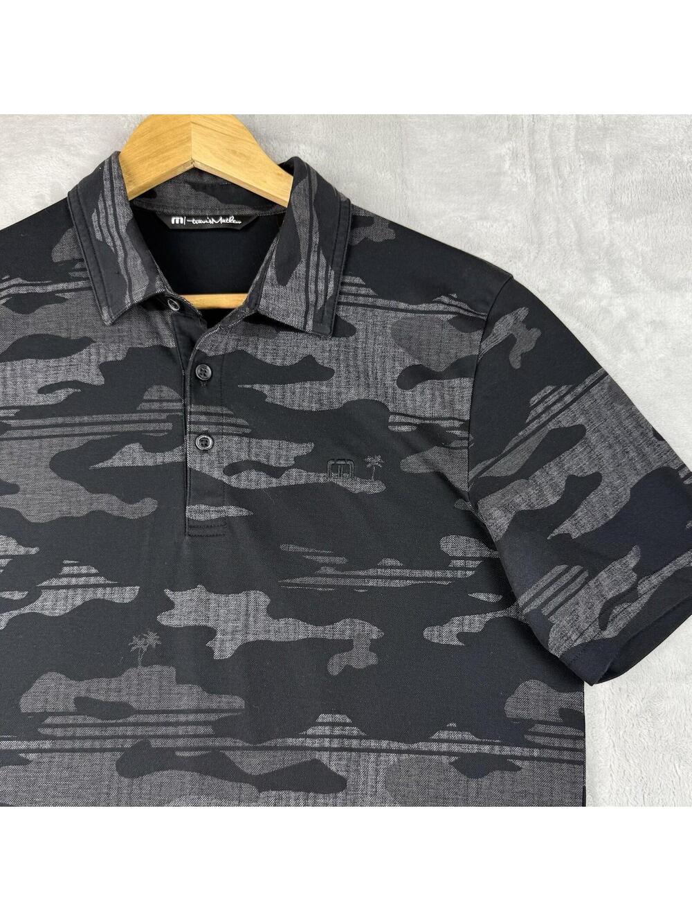 Travis Mathew Camo Polo Shirt Black Grey Performance Golf Casual Size M Preppy